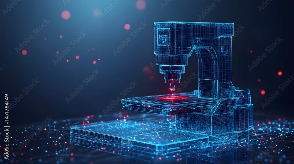 Aufkleber Intricate blue wireframe model of a complex industrial machine, set against a modern backdrop. Drill apparatus focused on a platform highlights precision. Abstract dark blue wireframe