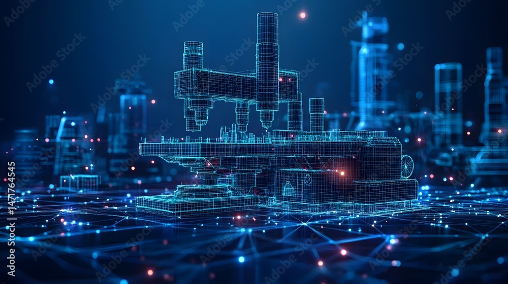 Aufkleber Futuristic wireframe structures glow in blue and teal, representing advanced technology and interconnected systems, ideal for illustrating digital concepts. Abstract dark blue wireframe