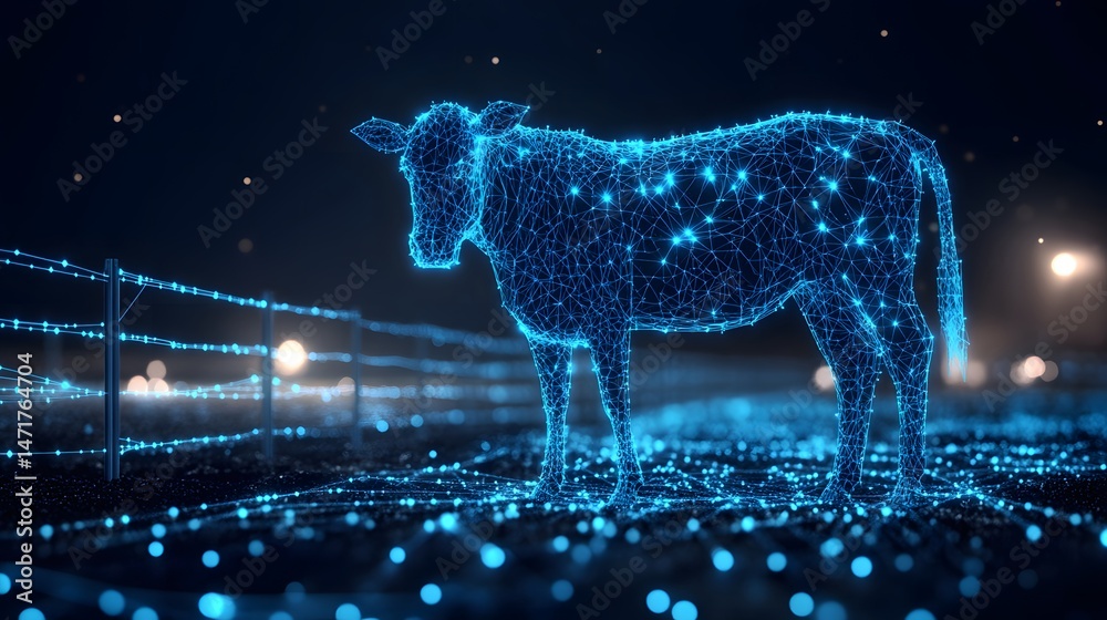 Poster futuristic wireframe cow grazes in a digital landscape, creating a modern farm scene. glowing blue l