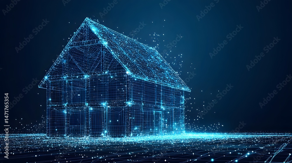 Fototapete A mesmerizing digital house glows with intricate blue grid lines, illuminating a modern architectural concept. Floating data particles enhance the futuristic scene. Abstract dark blue wireframe