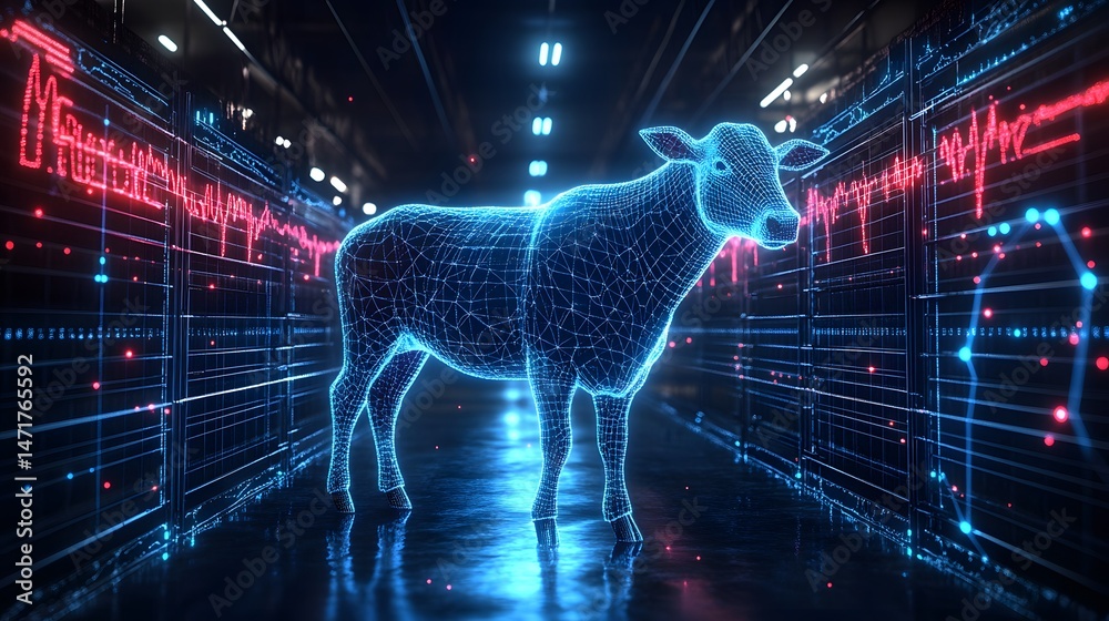 Poster Futuristic scene blending agriculture and technology. A wireframe cow stands amidst illuminated server racks with data waveforms, symbolizing data-driven farming. Abstract dark blue wireframe.