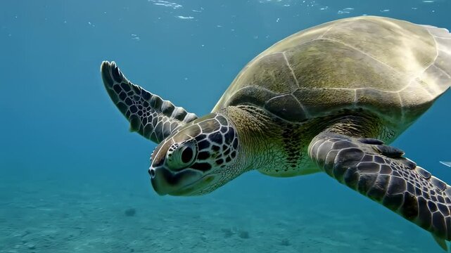 Sea turtle in clear blue ocean water.