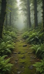 Fototapeta premium Lush green ferns and moss carpet forest floor, green, lush