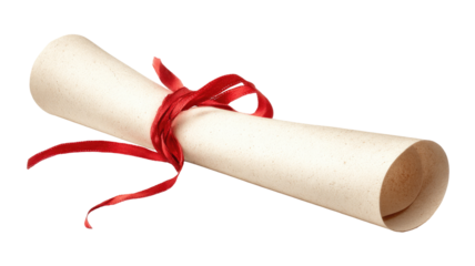 Simple rolled parchment tied with a thin red ribbon on transparent background


