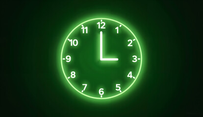 The green neon light clock displays 1 o'clock