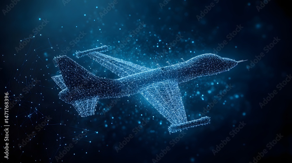 Leinwandbilder Futuristic airplane wireframe glows against a dark blue backdrop. Interconnected nodes and lines create a mesh effect. Glowing dots add depth, showcasing digital design. Abstract dark blue wireframe