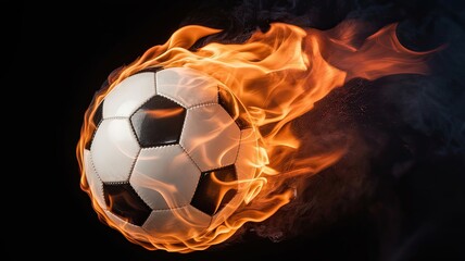 Fototapeta premium Burning Soccer Ball Isolated on Black Background, Fiery Motion Effect Symbolizing Power, Energy, Speed, and Intensity in Sports Concept