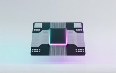 Futuristic digital processor with neon border and circuit board for technology concepts