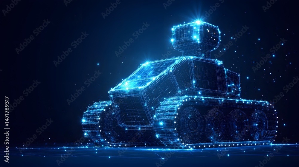 Aufkleber futuristic wireframe tank design against a deep blue backdrop, evoking a high-tech holographic or bl