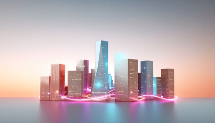 Obraz premium The image should showcase a dynamic, modern urban skyline captured at dusk, where sleek glas