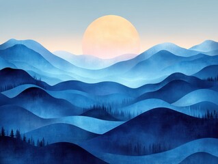 Misty mountain range at sunrise. Soft blue hues