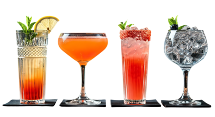 A row of four different cocktails with various garnishes against a black background in a studio shot
