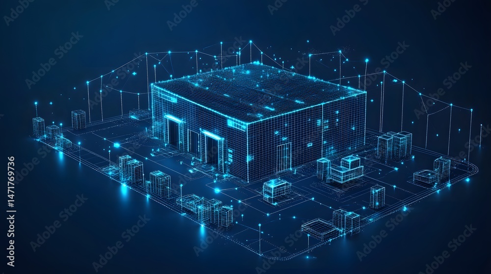 Aufkleber Futuristic blue wireframe building complex against a dark blue backdrop. High-tech data center or smart city concept, highlighting connectivity and digital infrastructure. Abstract blue wireframe.