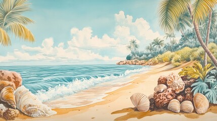 Serene Tropical Beachscape: Palm Trees, Ocean Waves, and Seashells