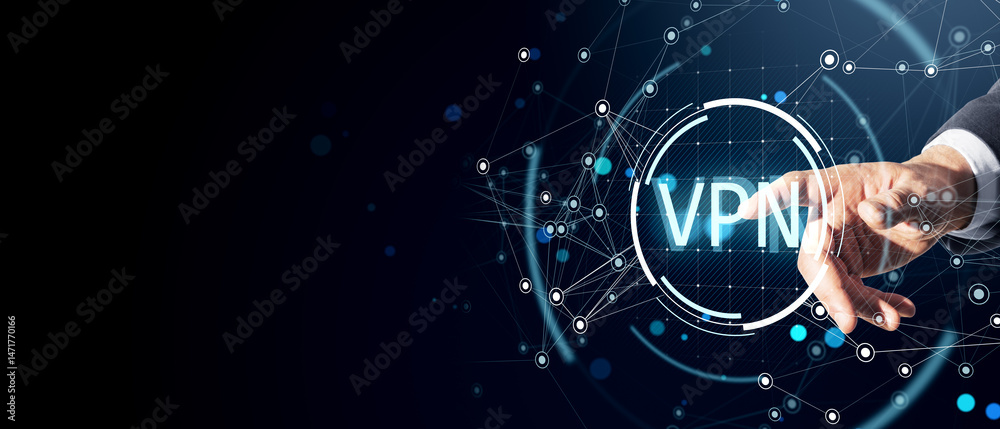 Poster Businessman touching VPN icon on digital interface with technology network connections on abstract dark background for cybersecurity concept.