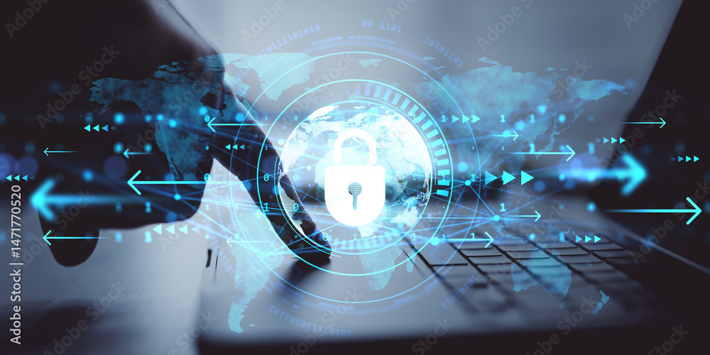 Poster cybersecurity concept with digital lock icon overlay on laptop and person typing on keyboard in busi
