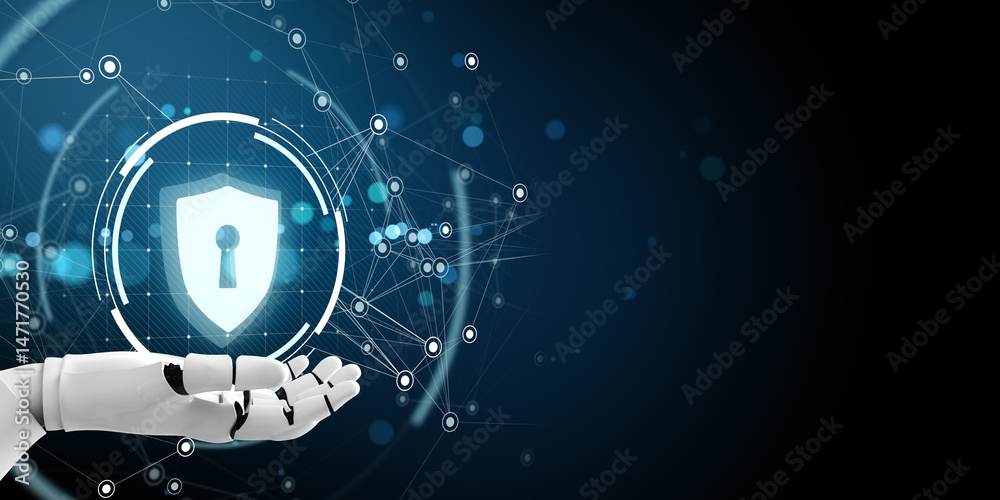 Aufkleber Cybersecurity shield with keyhole floating above robotic hand on futuristic digital network background, symbolizing data protection and AI safety. 3D Rendering