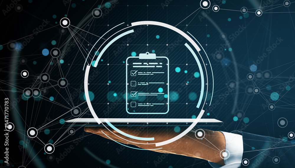 Aufkleber Digital checklist document icon hovering above a businessman's hand with virtual network lines and glowing interface elements on dark background.