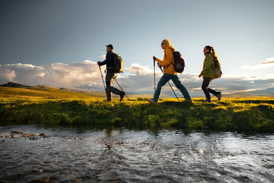 Hikers group with trekking poles walk along a stream on a mountain plateau at sunset, low angle view