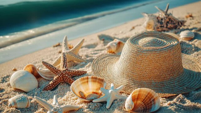 Hat and shells on sandy beach.