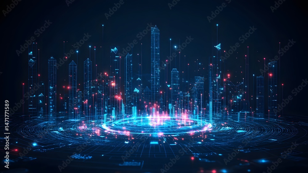 Aufkleber futuristic city on a digital platform, showcasing technological advancement with glowing skyscrapers