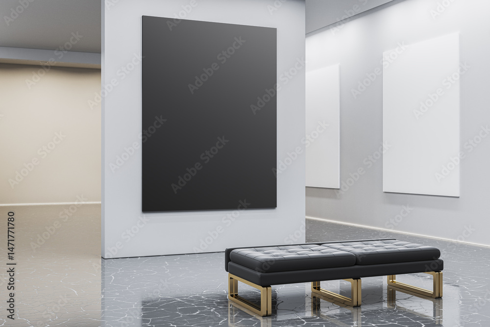 Poster Black and white vertical canvas mockups in modern art gallery with marble floor and leather bench for branding or design presentation concepts. 3D Rendering