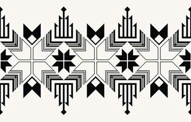 Ethnic tribal black and white background. Seamless tribal pattern, folk embroidery, tradition geometric  ornament. Traditional design for fabric, textile, print, rug, paper