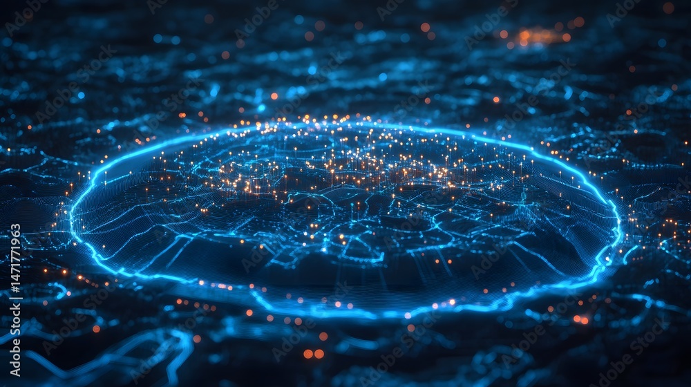 Poster Abstract neural network visualization with interconnected blue lines and bright orange data points. A technological landscape suggestive of complex systems. Abstract dark blue wireframe.