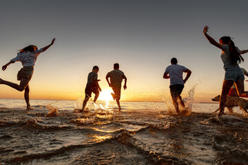 Group of happy young people running at the beach on beautiful summer sunset