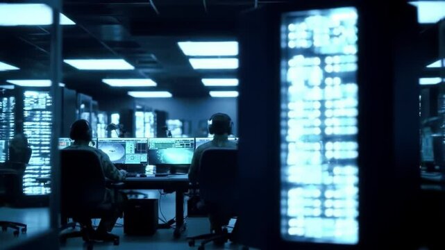 At a secure operations center, a military personnel focuses on multiple high-tech displays, analyzing real-time data and coordinating strategic initiatives in a sophisticated environment.