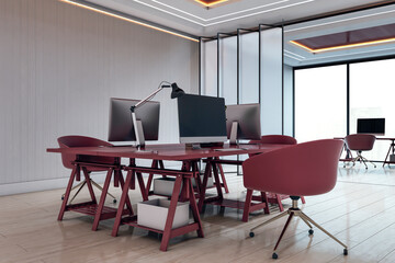 Modern coworking office with burgundy desks and chairs, minimalist design with bright lighting, wood flooring and glass windows. 3D Rendering