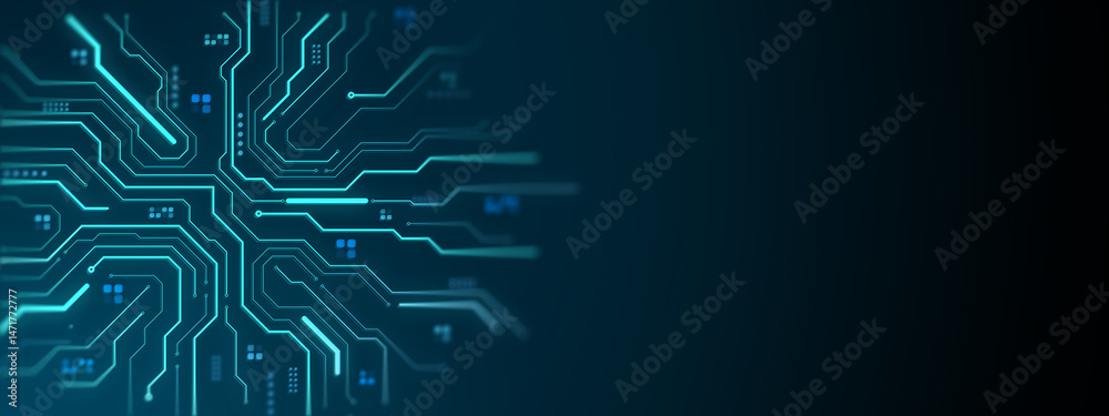 Aufkleber Futuristic neon blue circuit background with glowing lines and empty copy space on right side for modern technology design or banner template. 3D Rendering