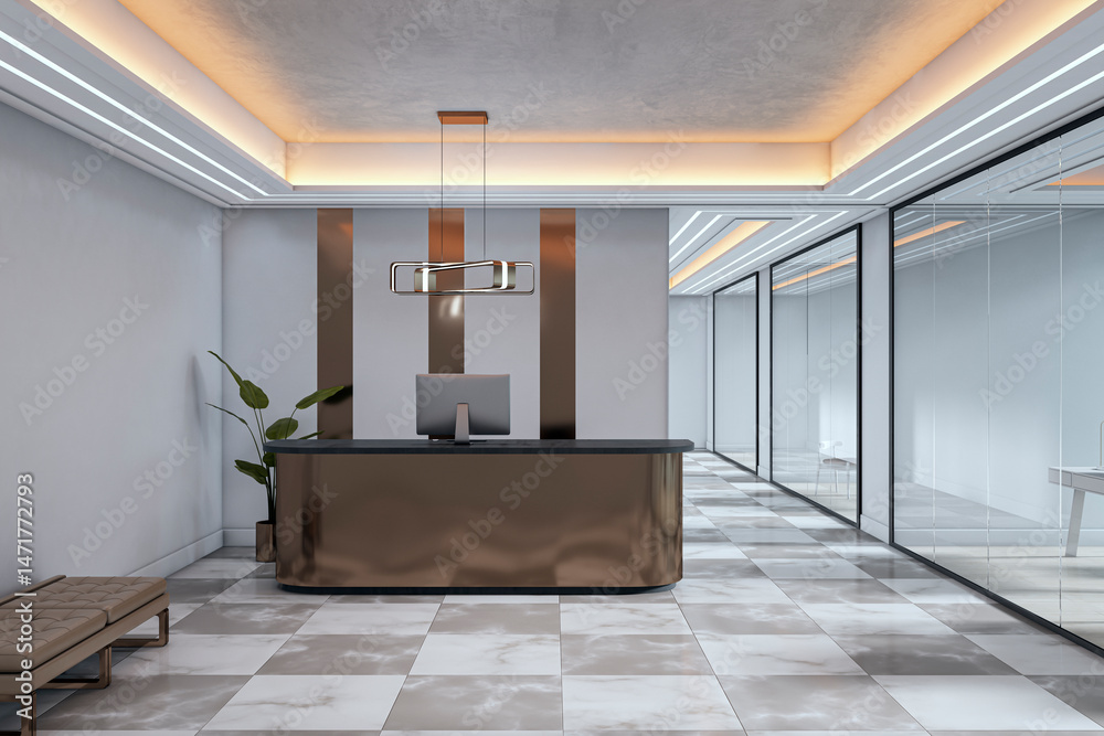 Poster Modern office reception with metallic desk, ambient ceiling light, and glass-panel walls in minimalistic design. Elegant professional background.. 3D Rendering