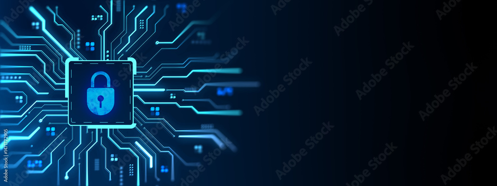Poster cybersecurity protection neon lock icon on digital network background with clean dark copyspace for 