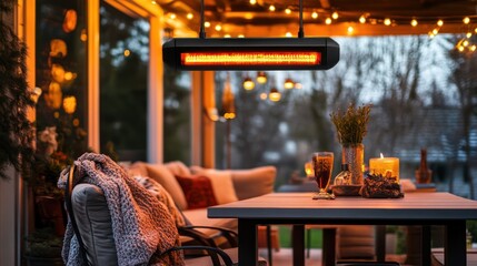Relaxing evening patio ambiance illuminated by a radiant heater and warm light