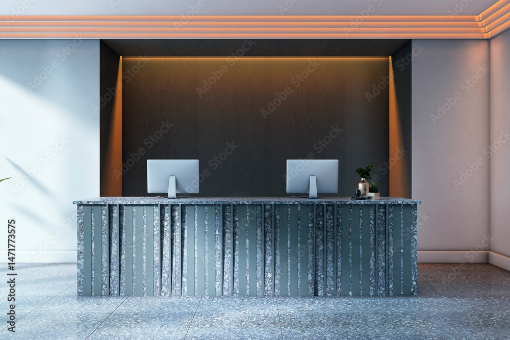 Poster Modern reception desk mockup in stylish interior with blank computer screens and clean background for branding and design presentation template. 3D Rendering