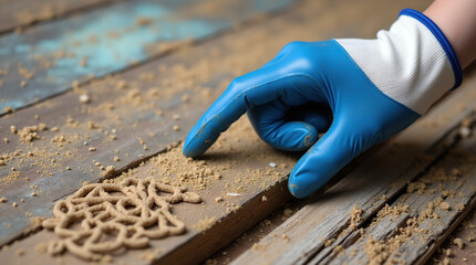 Close-Up of Gloved Hand Examining Termite Damage on Wood Surface