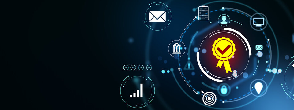 Digital certification badge with technology icons on glowing abstract background emphasizing quality assurance and secure data exchange concepts. 3D Rendering