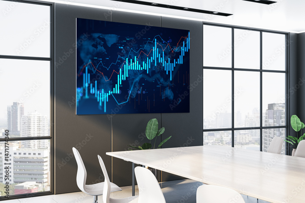 Poster Modern office conference room with city view and digital screen displaying financial stock market analysis chart and forex data visualization. 3D Rendering