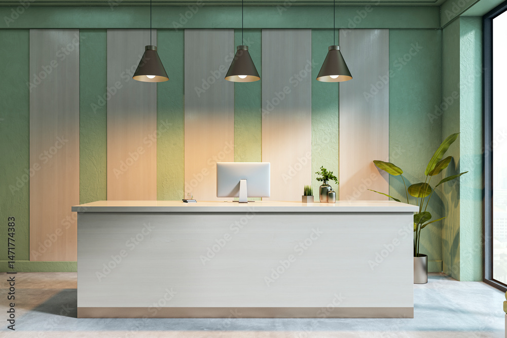 Poster modern reception desk mockup with vertical panel wall and pendant lights in a minimalist office inte