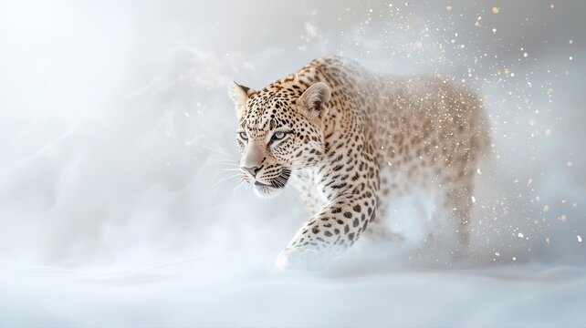 Majestic Snow Leopard Emerging from Ethereal Winter Mist leopard winter snow mist ethereal majestic