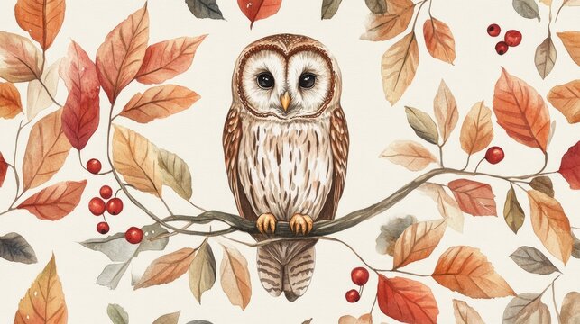 Autumn Owl: Watercolor Painting of a Wise Owl Perched on a Branch Amidst Vibrant Autumn Leaves