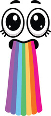 Cartoon face featuring large eyes and long eyelashes, playfully vomiting a vibrant rainbow against a clean white background, creating a whimsical and colorful illustration