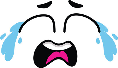 Cartoon crying face with big blue tears falling from eyes and open mouth expressing sadness and despair, isolated vector illustration on white background