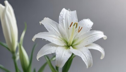 Single delicate white lily with dew drops, soft focus background , macro, comfort