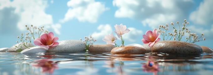 Peaceful stones and flowers in water