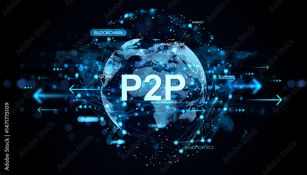 Aufkleber Futuristic blue digital world map background with P2P text, blockchain finance and fintech network connections concept in virtual interface design. 3D Rendering