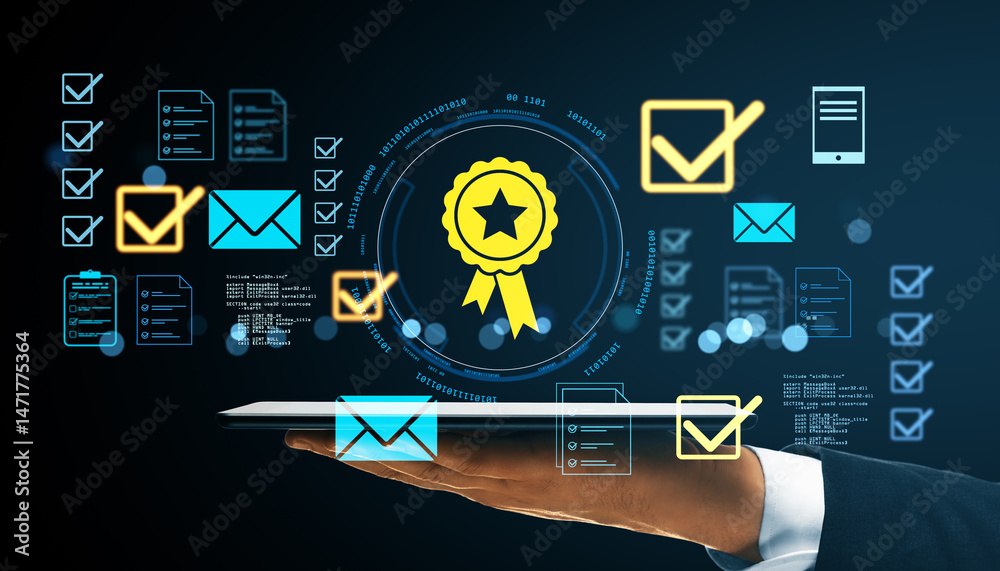 Poster Digital quality assurance certification concept with checklist icons and data floating above tablet in business person's hand on dark background.