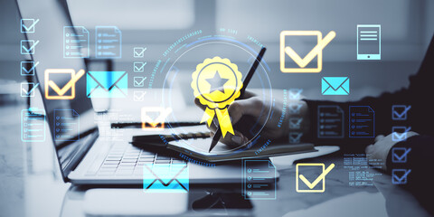 Business person working on laptop with digital certification and compliance icons on light office...