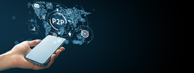 Person holding smartphone with digital P2P financial technology interface on global map background, representing mobile fintech services worldwide.